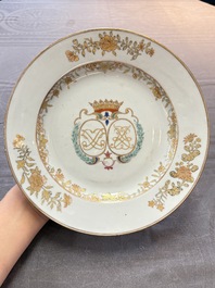 Two Chinese grisaille and famille rose gilt-decorated alliance monogram plates, Qianlong, one dated 1743