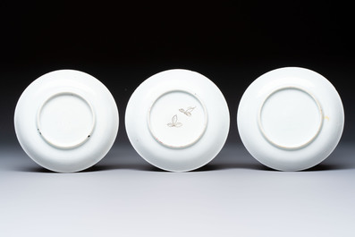 Three Chinese famille rose 'Birds and Plum Trees' cups and saucers, Yongzheng