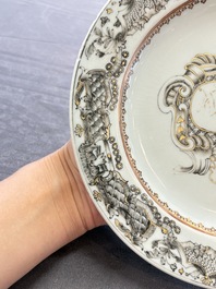 Two Chinese grisaille and famille rose gilt-decorated alliance monogram plates, Qianlong, one dated 1743