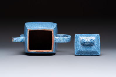 A Chinese blue-enamelled Yixing stoneware teapot, Jinxi Epu 荊溪萼圃監製 mark, 18/19th C.