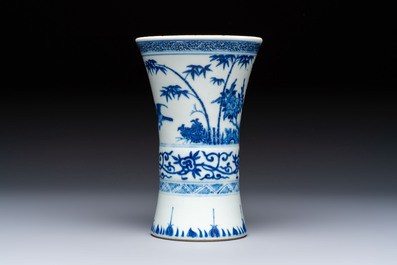 A Chinese blue and white 'Gu' vase with birds among flowering branches, Jiajing mark, 19th C.