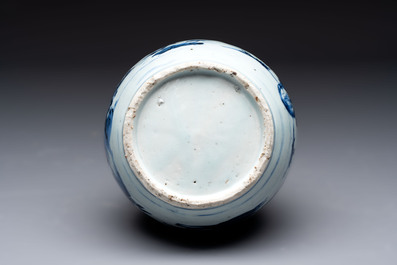 A rare Chinese blue and white 'Immortals' garlic-mouth bottle vase, Wanli/Tianqi