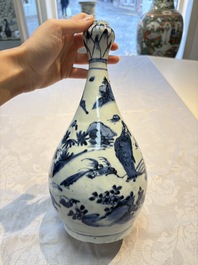 A rare Chinese blue and white 'Immortals' garlic-mouth bottle vase, Wanli/Tianqi