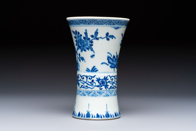 A Chinese blue and white 'Gu' vase with birds among flowering branches, Jiajing mark, 19th C.