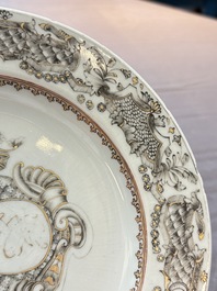 Two Chinese grisaille and famille rose gilt-decorated alliance monogram plates, Qianlong, one dated 1743