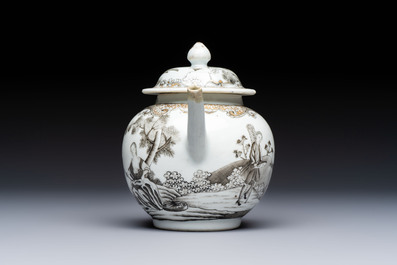 A Chinese export grisaille and gilt-decorated 'European Subject' teapot and cover, Qianlong