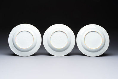 Three Chinese famille rose plates with floral design, Yongzheng