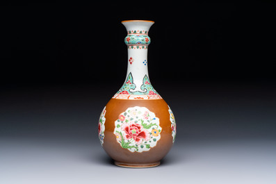 A Chinese famille rose capucine-ground vase with floral design, Yongzheng/Qianlong