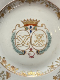 Two Chinese grisaille and famille rose gilt-decorated alliance monogram plates, Qianlong, one dated 1743