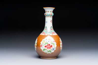 A Chinese famille rose capucine-ground vase with floral design, Yongzheng/Qianlong