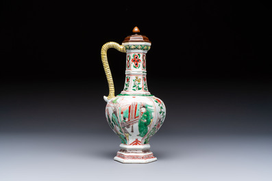 A rare Chinese famille verte puzzle jug with a wooden cover, Kangxi
