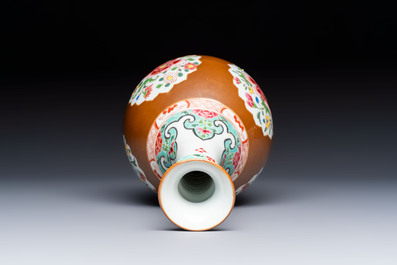 A Chinese famille rose capucine-ground vase with floral design, Yongzheng/Qianlong