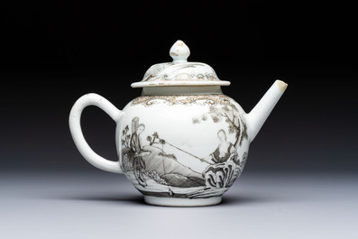A Chinese export grisaille and gilt-decorated 'European Subject' teapot and cover, Qianlong