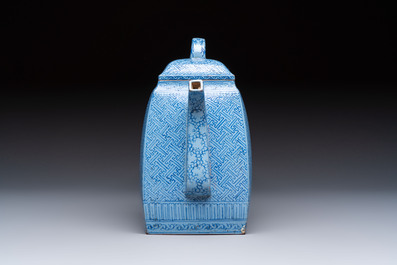 A Chinese blue-enamelled Yixing stoneware teapot, Jinxi Epu 荊溪萼圃監製 mark, 18/19th C.
