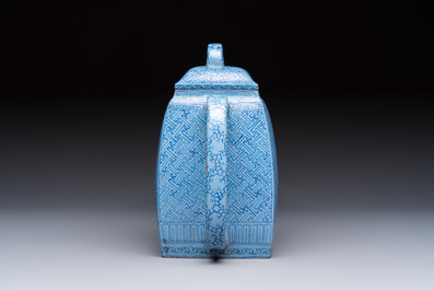 A Chinese blue-enamelled Yixing stoneware teapot, Jinxi Epu 荊溪萼圃監製 mark, 18/19th C.