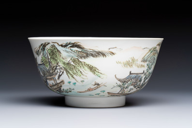 A Chinese qianjiang cai 'Pavilions and Willows' bowl, Republic