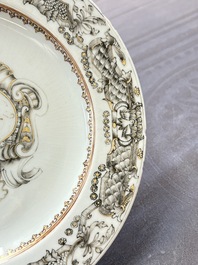 Two Chinese grisaille and famille rose gilt-decorated alliance monogram plates, Qianlong, one dated 1743