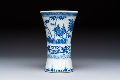 A Chinese blue and white 'Gu' vase with birds among flowering branches, Jiajing mark, 19th C.