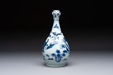 A rare Chinese blue and white 'Immortals' garlic-mouth bottle vase, Wanli/Tianqi