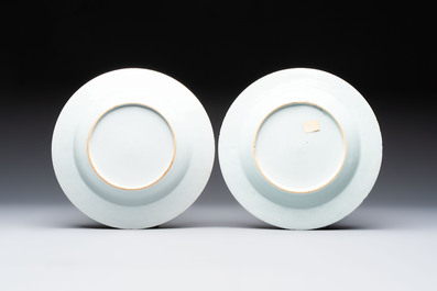 Two Chinese grisaille and famille rose gilt-decorated alliance monogram plates, Qianlong, one dated 1743