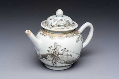 A Chinese export grisaille and gilt-decorated 'European Subject' teapot and cover, Qianlong
