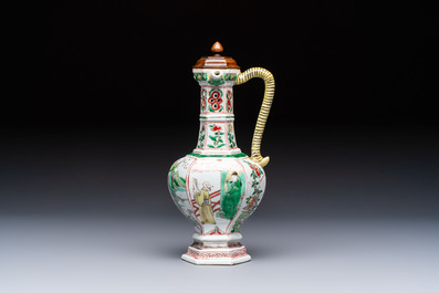 A rare Chinese famille verte puzzle jug with a wooden cover, Kangxi
