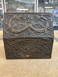 Attributed to Alfred Daguet (Paris, 1875-1942): An Art Nouveau repouss&eacute; copper- and cabochon-mounted casket, France, ca. 1900