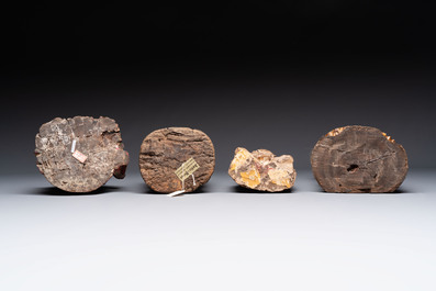 Eight Chinese carved wooden sculptures with traces of polychromy and gilding, 19th C.