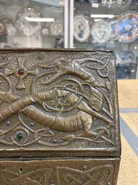 Attributed to Alfred Daguet (Paris, 1875-1942): An Art Nouveau repouss&eacute; copper- and cabochon-mounted casket, France, ca. 1900