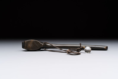 Nine various Japanese netsuke, an inro, a tsuba, a yatate, a bamboo kiseruzutsu and a covered bronze box, Edo/Meiji, 19th C.
