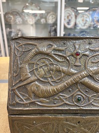 Attributed to Alfred Daguet (Paris, 1875-1942): An Art Nouveau repouss&eacute; copper- and cabochon-mounted casket, France, ca. 1900