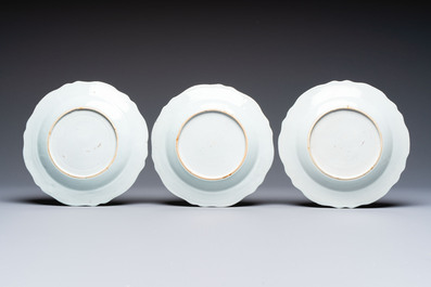 Eight Chinese famille rose plates with floral design and a 'Rooster' teapot, Yongzheng/Qianlong
