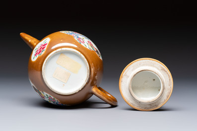 A Chinese famille rose capucine-ground covered teapot with floral design, seven cups and saucers, Yongzheng/Qianlong