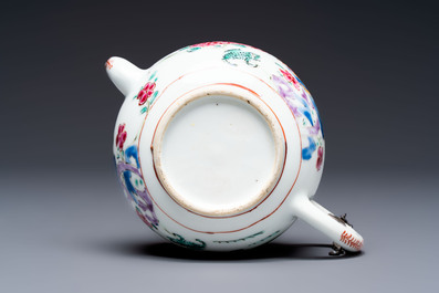 Eight Chinese famille rose plates with floral design and a 'Rooster' teapot, Yongzheng/Qianlong