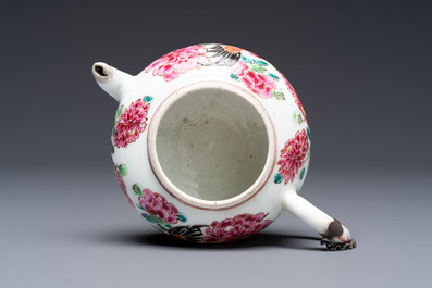 Eight Chinese famille rose plates with floral design and a 'Rooster' teapot, Yongzheng/Qianlong
