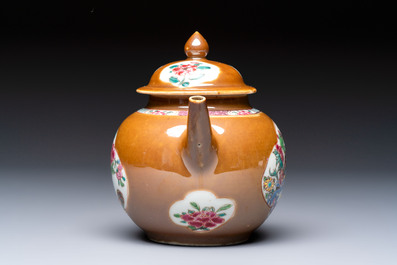 A Chinese famille rose capucine-ground covered teapot with floral design, seven cups and saucers, Yongzheng/Qianlong
