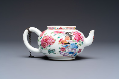 Eight Chinese famille rose plates with floral design and a 'Rooster' teapot, Yongzheng/Qianlong