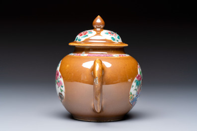 A Chinese famille rose capucine-ground covered teapot with floral design, seven cups and saucers, Yongzheng/Qianlong