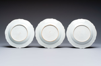 Eight Chinese famille rose plates with floral design and a 'Rooster' teapot, Yongzheng/Qianlong