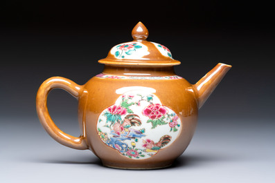 A Chinese famille rose capucine-ground covered teapot with floral design, seven cups and saucers, Yongzheng/Qianlong