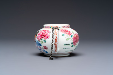 Eight Chinese famille rose plates with floral design and a 'Rooster' teapot, Yongzheng/Qianlong