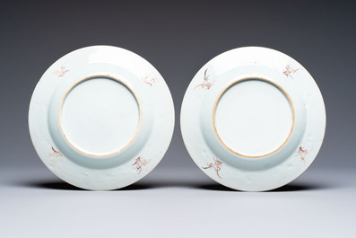 Eight Chinese famille rose plates with floral design and a 'Rooster' teapot, Yongzheng/Qianlong