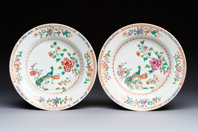 Six Chinese famille rose 'Peacock' plates, Qianlong