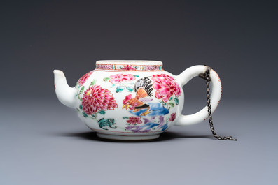 Eight Chinese famille rose plates with floral design and a 'Rooster' teapot, Yongzheng/Qianlong