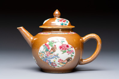 A Chinese famille rose capucine-ground covered teapot with floral design, seven cups and saucers, Yongzheng/Qianlong