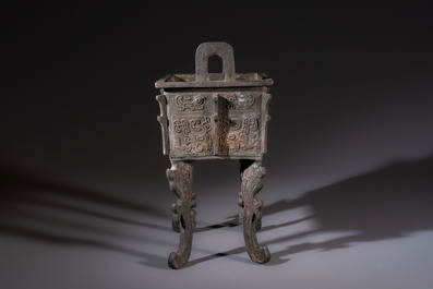 A Chinese archaistic bronze censer with Taotie design, Fang Ding 方鼎, Ming