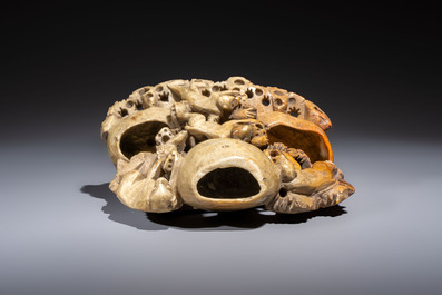 Five Chinese bronze 'Immortal' groups and a carved soapstone 'Monkeys' sculpture, 20th C.