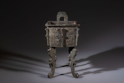 A Chinese archaistic bronze censer with Taotie design, Fang Ding 方鼎, Ming