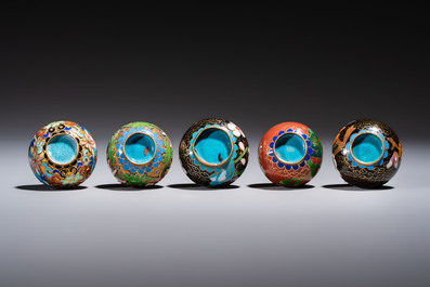 Ten Chinese cloisonn&eacute; miniature vases, a goose and a duck-from covered box, on wooden stands, 20th C.