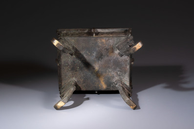 A Chinese archaistic bronze censer with Taotie design, Fang Ding 方鼎, Ming